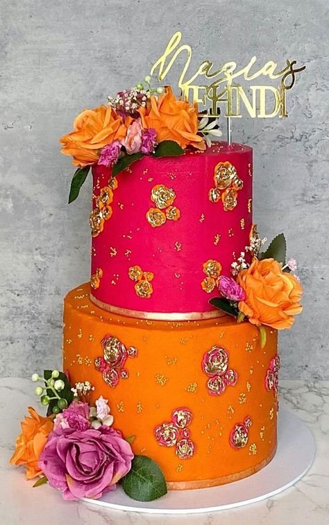 Orange And Pink Birthday Cakes, Pink And Orange Bridal Shower Cake, Orange And Pink Cake Design, Pink And Orange Decor Birthday Parties, Hot Pink Orange Wedding, Orange And Pink Wedding Cake, Pink And Orange Cake Ideas, Orange Birthday Party Ideas, Hot Pink And Orange Party Decorations