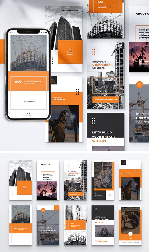 Construction Instagram Stories Templates PSD Website Branding Design, Inspiration Logo Design, Social Media Branding Design, Instagram Template Design, Social Media Planner, Social Media Design Inspiration, Branding Website Design, Instagram Feed Ideas, Social Media Branding