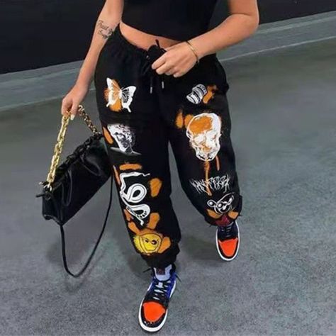 Lace Up Trousers, Streetwear Sweatpants, Celana Fashion, Cargo Pants Streetwear, Graphic Sweatpants, Hip Hop Pants, Printed Jogger Pants, Girls Joggers, Printed Sweatpants