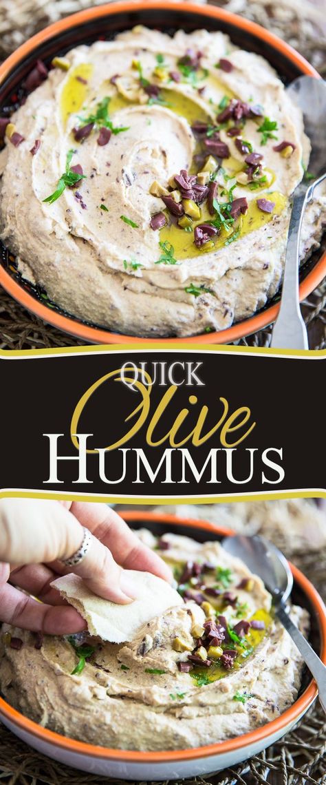 Quick Olive Hummus | The Healthy Foodie Fall Hummus, Olive Hummus Recipe, Olive Hummus, Chickpea Spread, Hummus Appetizers, Olive Sauce, Processor Recipes, Hummus Recipe Homemade, Moroccan Dishes