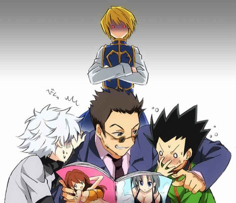 Killua, Leorio, Gon, and Kurapika… Lol, Leorio, you're in trouble XD       ~Hunter X Hunter Leorio Hxh, Hunterxhunter Funny, Hxh Characters, Comics Memes, Memes Anime, Hunter Anime, Anime Memes Funny, Anime Meme, Fan Fiction