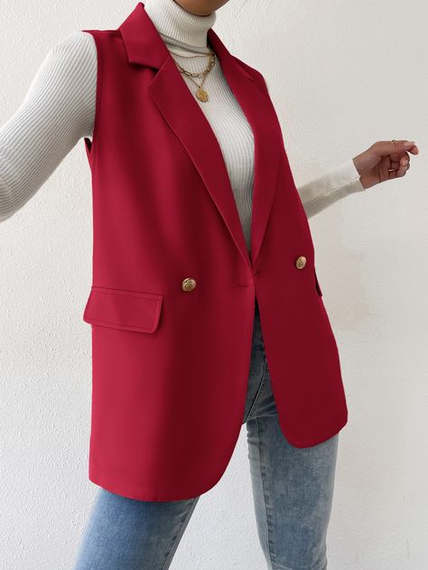 Red Casual Collar Sleeveless Fabric Plain Vest Embellished Non-Stretch  Women Suits Red Sleeveless Blazer Outfit, Red Vest Outfit, Sleeveless Blazer Outfit, Plain Vest, Button Vest, Style Pantry, Oversized Vest, Women Blazers, Sleeveless Blazer