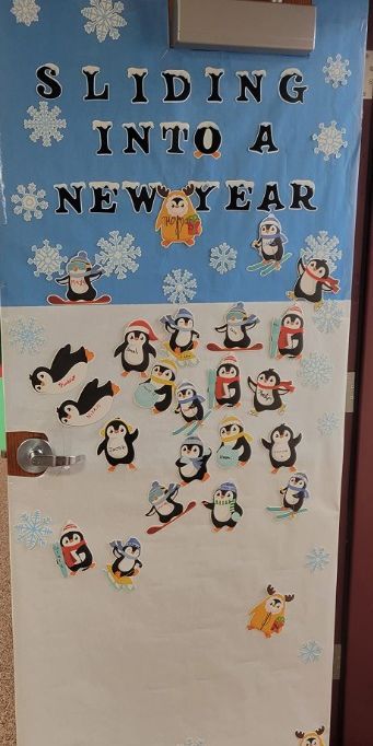 New Years Eve Classroom Door, New Year Door Ideas For Classroom, New Years Preschool Door Ideas, New Years Teacher Door, New Year School Door Decoration, Classroom Door Ideas New Year, New Year Preschool Bulletin Board Ideas, Sliding Into The New Year Bulletin Board, New Years Bulletin Board Ideas 2024