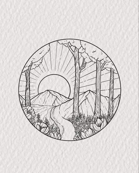 Mountains path scene with nature from the pacific north west tattoo lineart North West Tattoo, West Tattoo, Pnw Tattoo, Pnw Art, H Tattoo, Drawing Examples, Doodle Fonts, Journal Inspo, Nature Tattoos