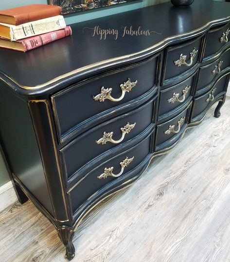 Black & Gold Dressed French Provincial | General Finishes 2018 Design Challenge Black French Provincial Furniture, French Provincial Furniture Makeover, Dresser Makeover Black, Painted French Provincial Furniture, Black French Provincial, Gold Painted Furniture, French Provincial Dresser Makeover, Repainting Furniture, Painted Buffet