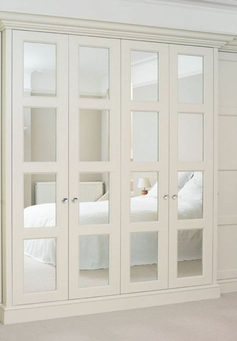 mirrored front panels make the Pax piece look chic and glam, mirrors enlarge the space Mirrored Bifold Closet Doors, Ikea Closet Doors, Mirrored Closet Doors, Dressing Pax, Ikea Bedroom Storage, Mirrored Closet, Folding Closet Doors, Storage Hacks Bedroom, French Closet Doors