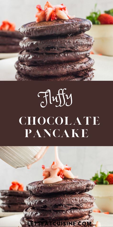 Easy Chocolate Pancake Recipe, How To Make Chocolate Pancakes, Healthy Chocolate Pancake Recipes, Pancake Recipe Chocolate Chip, Homemade Strawberry Cream Cheese, Catering Breakfast, Chocolate Pancake Recipe, Pancake With Chocolate Chips, Cream Cheese Drizzle