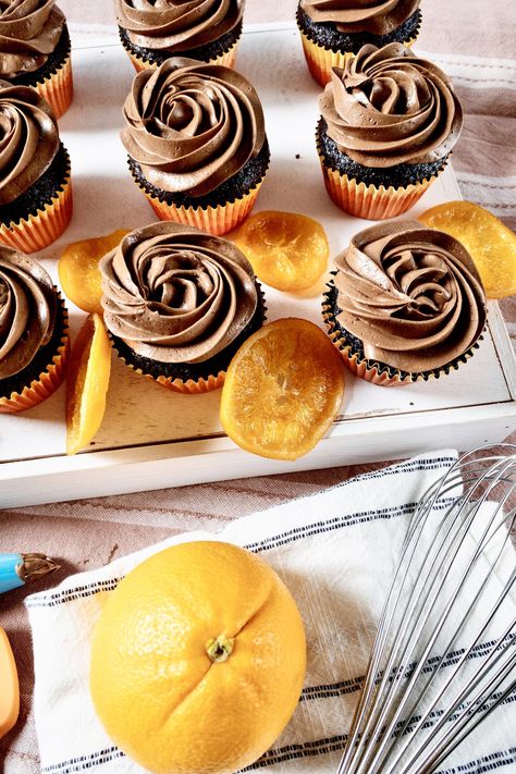 Fluffy Buttercream, Chocolate Orange Cupcakes, Candied Orange Slices, Orange Buttercream, Dark Chocolate Orange, Orange Cupcakes, Candied Orange, Chocolate Whipped Cream, Orange Chocolate