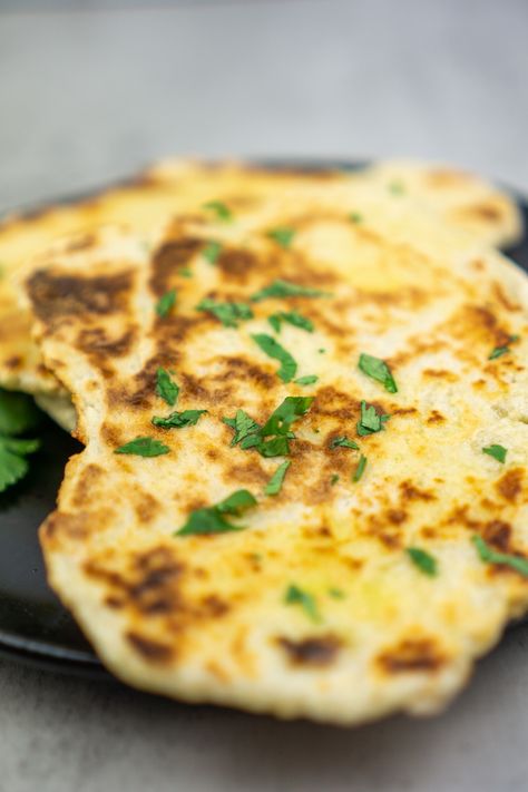 2 Ingredient Naan (Greek Yogurt Naan) Greek Yogurt Naan, 2 Ingredient Naan Bread, 2 Ingredient Naan, Yogurt Naan, Chicken Spinach Curry, Shrimp Side Dish, Pork Salad, Spinach Curry, Naan Recipe