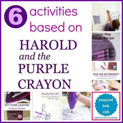 Love this collection of Harold and the Purple Crayon Activities!  Creative ways to explore books through play! Harold Purple Crayon Activities, Harold And The Purple Crayon Craft, Harold And The Purple Crayon Activities, Crayon Activities, Harold And The Purple Crayon, Purple Crafts, Crayon Crafts, Purple Books, Diy Preschool