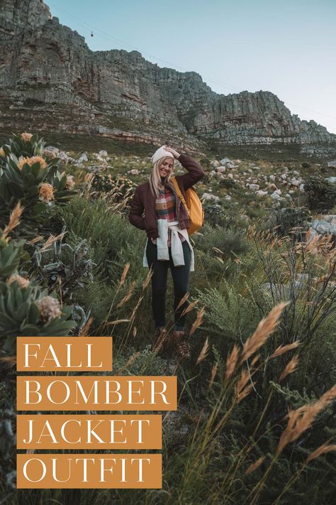 Fall Bomber Jacket Outfit from Backcountry Fall Adventure Hooded Jacket, Khaki Bomberjack Outfit, How To Wear Bombers, Bomberjacket Streetstyle Outfit Women, Colorful Flannel, Printed Bomberjack Outfit, Layering Outfits Fall, Travel Fashion Winter, Yellow Backpack