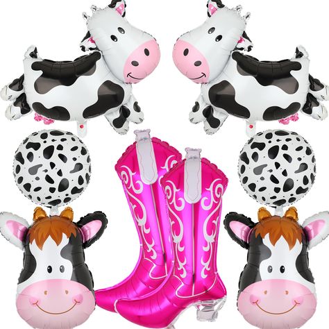 PRICES MAY VARY. 🐄Package/Size: 2 pcs 18*31 inch cowgirl boot balloon,2 pcs 36*24 inch cow balloons,2 pcs 18*25 inch cow head ballons,2 pcs 18 inch cow print round foil balloons. 🐎Material: Made of high quality aluminum foil with uniform color. Inflation: You can blow up the balloon with a straw, pinch the balloon mouth flat after inflation, they will seal automatically. They can be reused. 🌵Easy to Use: this set animal cow balloon set , easy to inflate, you can safely fill them with air or h Western Cowgirl Party, Cow Balloons, Cow Baby Shower Theme, Cowgirl Party Decorations, Cow Print Birthday, Last Rodeo Bachelorette, Rodeo Bachelorette, Animal Party Theme, 2nd Birthday Party For Girl