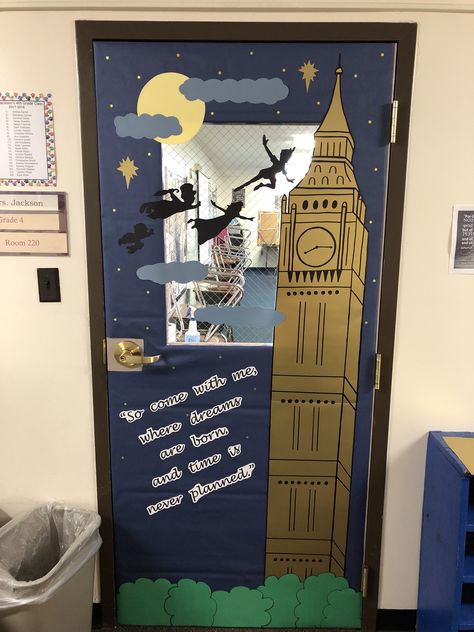 Peter Pan inspired door decoration. Peter Pan Bulletin Board Ideas, Peter Pan School Decorations, Peter Pan Office Decorations, Once Upon A Time Door Decoration, Fairytale Door Decoration, Cinderella Classroom Door, Disney Door Decorating Contest, Disney School Door Decorations, Door Decorating Contest Book Theme