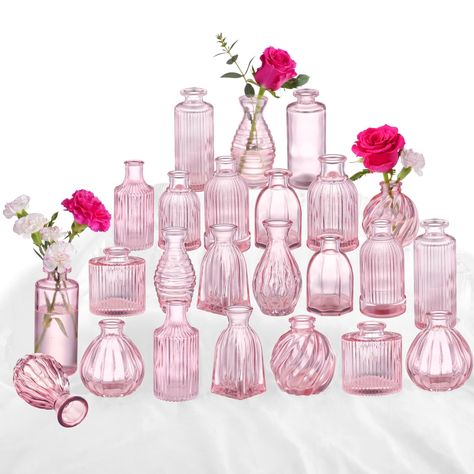 PRICES MAY VARY. [Pink Vases in Bulk 24] - The small pink vase in bulk come with 2 sets of 12 different designs of ribbed glass vases for flowers (please refer to the size chart). They are cute bud vases for decor. The pink collections offer a variety for small arrangements, add an extra pretty cute touch to anywhere, especially for wedding centerpieces. [Pink Vase for Wedding Centerpieces] - These vintage glass vases are perfect wedding decoration vases for single flower arrangements, stems, ca Table Centerpieces For Birthday Party, Single Flower Arrangements, Flower Baby Shower Theme, Pink Vases, Small Arrangements, Wedding Flower Vase, Wedding Decor Vases, Glass Vases Centerpieces, Pink Centerpieces