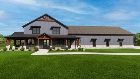 Elegant 4-Bedroom Single-Story Modern Farmhouse With Split Bedroom Layout (Floor Plan) House Plan With Garage, Barndo House, Vaulted Roof, Country Farmhouse Plans, Barn Houses, Cedar Posts, Porch Plans, Workshop Plans, Barndominium Plans