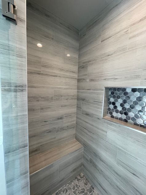 Wood Grain Tile, Tile Showers, Brian Wilson, Master Shower, Bathroom Remodel Shower, Bathroom Redo, Tile Shower, Wide Plank, Color Tile