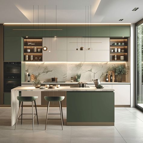 30 Gorgeous Two tone kitchen cabinets you need to see Kitchen Cabinets Color Combination, Kitchen Colour Combination, Kitchen Cabinet Inspiration, Green Kitchen Designs, Two Tone Kitchen Cabinets, Home Decor Ideas Kitchen, Latest Kitchen Designs, Kitchen Cabinet Ideas, Two Tone Kitchen