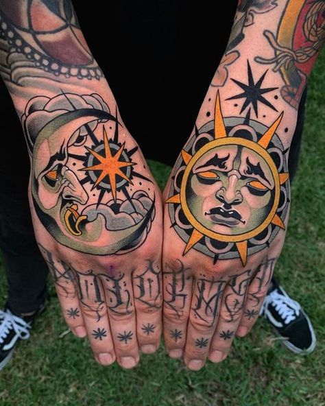 Sun Moon Tattoos, Traditional Sun Tattoo, Traditional Hand Tattoo, Neo Tattoo, Traditional Tattoo Inspiration, Autumn Tattoo, Funky Tattoos, Moon Tattoos, Hand And Finger Tattoos