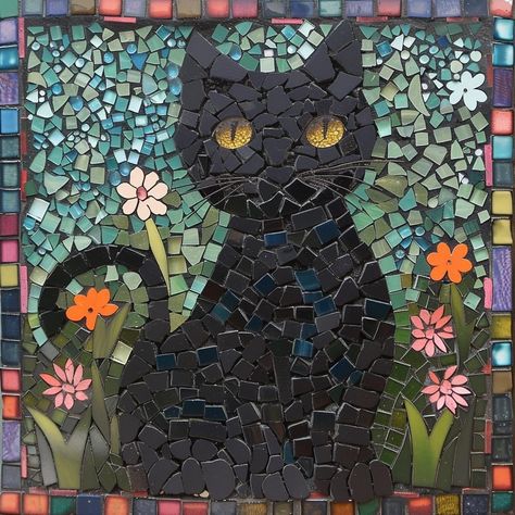 Cat Mosaic, Mosaic Animals, Mosaic Frame, Mosaic Art Projects, Stained Glass Mosaic, Wild Roses, Black Cats, Mosaic Tile, Stone Art