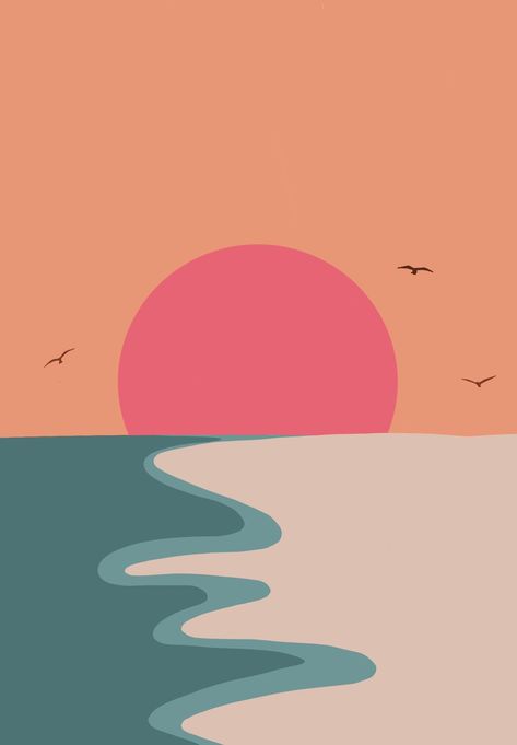 Sunset Art Ideas, Sunset Simple Painting, Sunset Wallpaper Drawing, Drawing Ideas Sunset, Summer Paintings Easy, Sunset Drawings, Cartoon Sunset, Digital Art Sunset, Sunset Simple