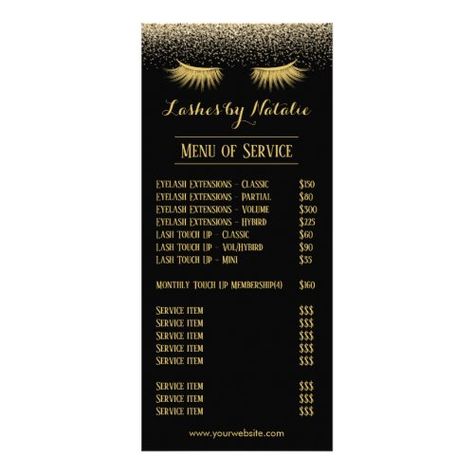 Eyelash Extension Black & Gold Salon Price List Rack Card Eyelash Price List, Black And Gold Salon, Eyelash Extensions Prices, Gold Salon, Eyelash Extensions Classic, Price List Design, Salon Price List, Esthetician Marketing, Makeup Artist Business Cards