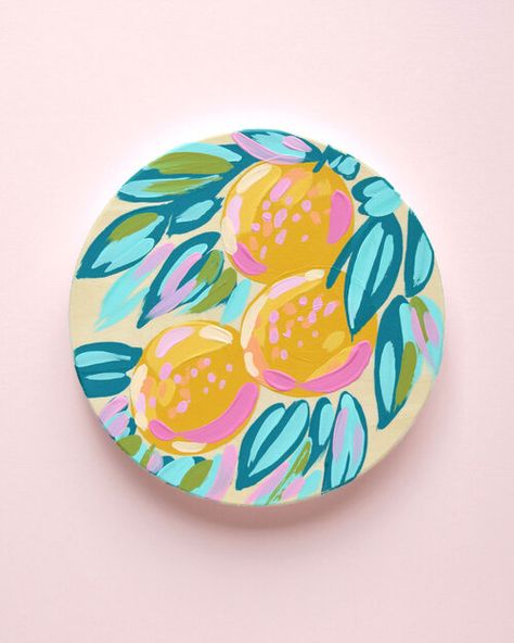 Styled Shelf, Citrus Painting, Painting On Canvas For Beginners, Diy Pottery Painting, Circle Canvas, Coaster Art, Circle Painting, Canvas For Beginners, Round Canvas