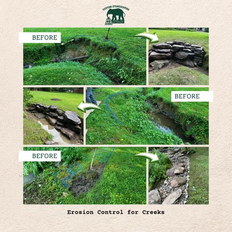 Is your creek disappearing due to erosion? We have solutions! In this creek, the bank was eroding way and narrowing the waterway significantly. With Jeff's decades of experience, he carefully planned out the layout to add boulders and control the erosion. Wondering about your creek? Call us for a free estimate! #boulders #landscapedesign #landscapelove #landscapedesigner #outdoorliving #northernvirginia #virginia #fallschurch #creek #creekbed #erosion Creek Restoration, Water Erosion Prevention, Prevent Erosion On A Slope, Man Made Stream In Yard, Stream Table Erosion Science Activities, River Bank Erosion Control, Landscape Engineer, Forest Creek, Stream Bed