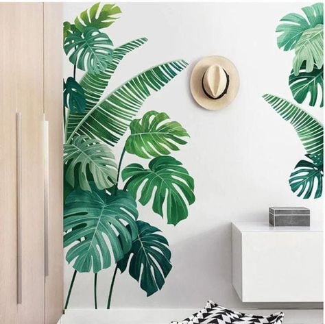 Tropical Leaves Painting Wall, Monstera Mural Painting, Monstera Wall Painting, Monstera Wall Mural, Monstera Wall Art, Wall Painting Leaves, Leaf Painting On Wall, Leaves Wall Painting, Monstera Mural