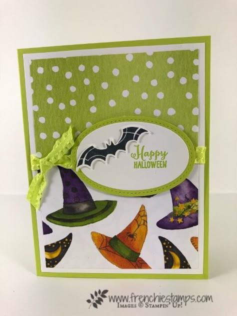 Halloween card from leader swaps. Designer paper Toil and Trouble Designer Paper, Stamp set Cauldron Bubbles, Spooky Bats Punch. . All product by Stampin'Up! and can be purchase at frenchiestamps.com Cauldron Bubbles, Handmade Cards Diy, Halloween Paper Crafts, Cards Halloween, Halloween Cards Handmade, Toil And Trouble, Hand Made Greeting Cards, Designer Paper, Halloween Card