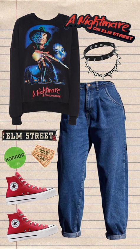 Welcome to my nightmare🩸⛓️ #nightmareonelmstreet#horror#horrormovies#80’s#outfitinspo Horror Outfits, Horror Movie Outfits, Welcome To My Nightmare, Admit One Ticket, Cinema Ticket, 80s Horror, A Nightmare On Elm Street, Retro Horror, All Stars Converse