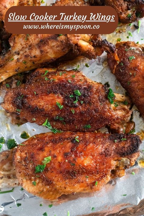 Delicious slow cooker turkey wings recipe! Perfect for #dinnerideas #foodie #easyrecipes #homemade #yum #slowcooker #tasty #foodpics #familymeal #flavorful #weeknightmeal #instafood #delish #loweffort #comfortfood 🍗😋 Turkey Wing Recipes Crockpot, Slow Cooker Turkey Wings, Crockpot Turkey Wings, Wings Recipe Crockpot, Wings Slow Cooker, Slow Cook Turkey, Turkey Wings Recipe, Baked Turkey Wings, Crockpot Chicken Breast