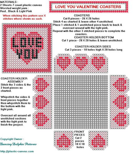 Valentine Day Plastic Canvas Patterns, Plastic Canvas Valentine Patterns, Plastic Canvas Magnet Patterns, Valentine Coasters, Bookmarks Craft, Free Plastic Canvas, Valentines Coasters, Coasters Pattern, Mini Baskets