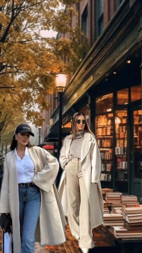 chic, neutral-toned fall outfits with oversized beige coats. One look is casual with jeans and a baseball cap, while the other is more polished with a turtleneck and trousers. The background shows a cozy autumn city scene with a bookstore and fall leaves, adding to the stylish, seasonal vibe. Cream Wool Coat Outfit, Wool Coat Outfit, Cream Wool Coat, Zara Trench Coat, Vanilla Color, Bohemian Theme, Trench Coat Style, Business Wear, Travel Party