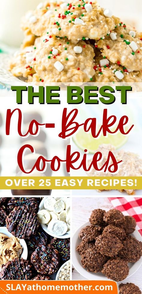 25+ of THE BEST no-bake cookie recipes on Pinterest! #slayathomemother #nobake #cookierecipes #dessertrecipes #christmasrecipes #holidayrecipes #christmas #cookies #nocakecookies #easyrecipes Easy Classic Christmas Cookies, No Back Cookies Recipes, Peanut Free Christmas Treats, Homemade Christmas Cookies Recipes, Cheap Christmas Baking Ideas, No Bake Cookie Variations, No Bake Christmas Cookies Recipes, Easy Christmas No Bake Treats, Christmas Cookies No Chill