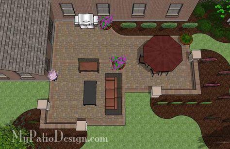 Fun Family Patio Design with Fire Pit | Download Plan – MyPatioDesign.com Corner Patio Ideas, Patio Plan, Patio Blocks, Pavers Design, Brick Paver Patio, Paver Patios, Patio Installation, Patio Plans, Patio Layout