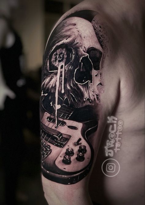 Skull tattoo Rock Music Tattoo Ideas, Rock Tattoo Ideas, Rock Music Tattoo, Black Metal Tattoo, Bass Guitar Tattoo, Black And Grey Tattoo Design, Grey Tattoo Design, Rock N Roll Tattoo, Rock Tattoos