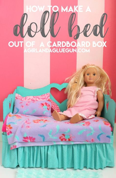 how to make a doll bed for an american girl doll---our of a cardboard box #americangirl Doll Diy Clothes, American Girl Doll Bed, American Girl Doll House, American Girl Diy, American Girl Doll Furniture, American Girl Doll Diy, Doll Furniture Diy, American Girl Doll Crafts, American Girl Doll Accessories