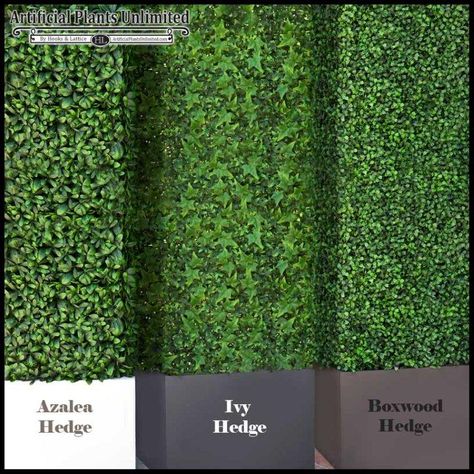 Artificial hedges with three types of foliage: azalea, ivy, and boxwood. http://www.hooksandlattice.com/outdoor-artificial-hedges.html Outdoor Hedge Wall, Palm Trees Garden, Grass Backdrops, Artificial Plant Arrangements, Balkon Decor, Artificial Plants Decor, Artificial Hedges, Privacy Plants, Artificial Plants Indoor