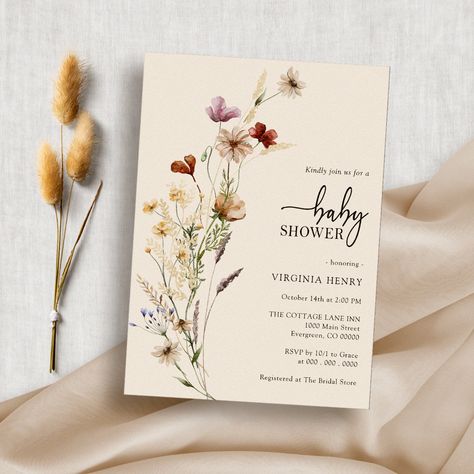 Wildflower Boho Baby Shower Invitation Butterfly Baby Shower Invitations, Wildflower Baby Shower, Watercolor Wildflowers, Gender Neutral Baby Shower Invitations, Boho Baby Shower Invitations, Baby In Bloom, Elegant Baby Shower, Script Calligraphy, Butterfly Baby Shower