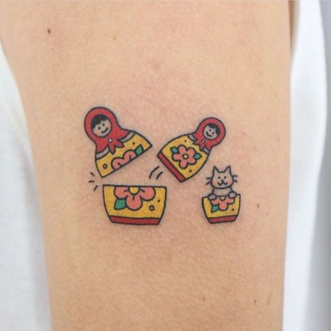 Wacky Tattoos, Childrens Book Tattoo, Madeline Tattoo, Dollhouse Tattoo, Funny Small Tattoos, Russian Doll Tattoo, Traveling Tattoo, Dumbest Tattoos, Seek Discomfort