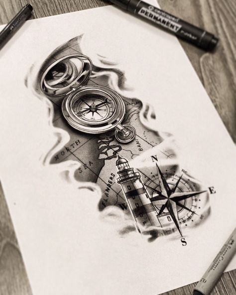 Lighthouse And Compass Tattoo, Lighthouse Compass Tattoo, Compass And Map Tattoo, Nautical Tattoo Sleeve, Egyptian Tattoo Sleeve, Lighthouse Tattoo, Girl Face Tattoo, Compass Tattoo Design, Map Tattoos