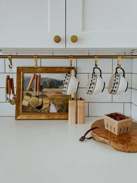 Tension Rod Kitchen Storage, Under Cabinet Hanging Rod, Hanging Rod Above Stove, Curtain Rod Kitchen Storage, Tension Rod Organization Ideas, Brass Tension Rod, Kitchen Utensil Rod, Hanging Rod In Kitchen, Hang Kitchen Utensils