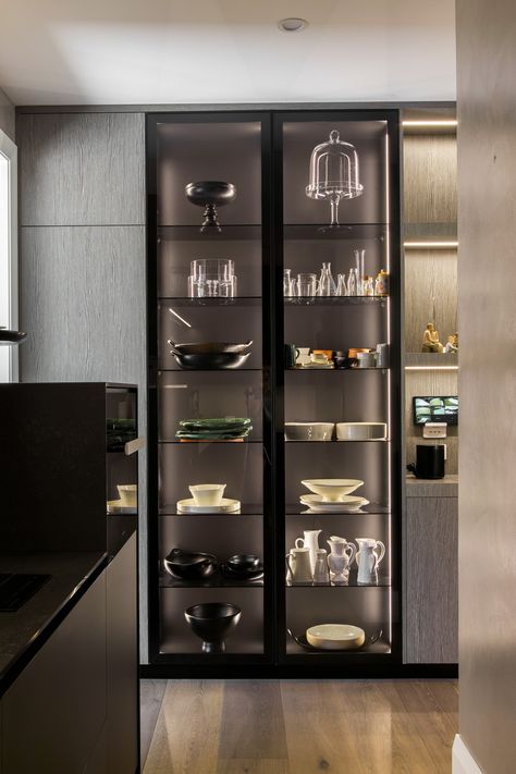 Kitchen trends to try: curves, fluting, dark timber... and banquettes | Stuff.co.nz Kitchen Vitrine, Kitchen Niche, Black Kitchen Countertops, Tall Kitchen Cabinets, Crockery Cabinet, Crockery Unit Design, Crockery Unit, Frameless Cabinets, Galley Style Kitchen