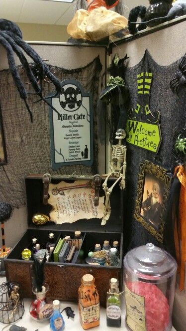 Halloween cubicle … Halloween Witch Office Decorations, Halloween Decor For Office Desk, Halloween Decorations For Cubicle, Witch Cubicle Decorations, Hocus Pocus Cubicle Decor, Cubicle Halloween Decor, Halloween Cubicle Decor Ideas, Halloween Cubicle Decor Contest, Halloween Cubicle Decor