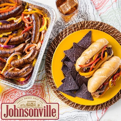 I’m checking out a delicious recipe for Grilled Johnsonville® Firecracker Sausage with Peppers Sausage And Peppers On The Grill, Johnsonville Firecracker Sausage Recipes, Sausage And Peppers Hoagie, Hot Dogs With Peppers And Onions, How To Grill Brats On Gas Grill, Picnic Potluck, Onion Recipes, Peppers And Onions, Dinner Is Served