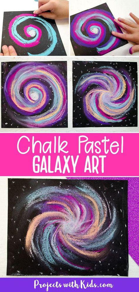 Galaxy art project using chalk pastels on black paper. Chalk Pastel Elementary Art, Pastel Projects, Elementary Crafts, Astronomy Club, Galaxy Crafts, Pastel Techniques, Salt Art, School Age Activities, Chalk Pastel Art