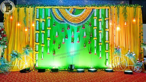 Prem9642526423 Half Saree Function Decoration, Saree Function Decoration, Haldi Decorations, Saree Function, Simple Stage Decorations, Half Saree Function, Wedding Stage Backdrop, Saree Ideas, Wedding Mandap