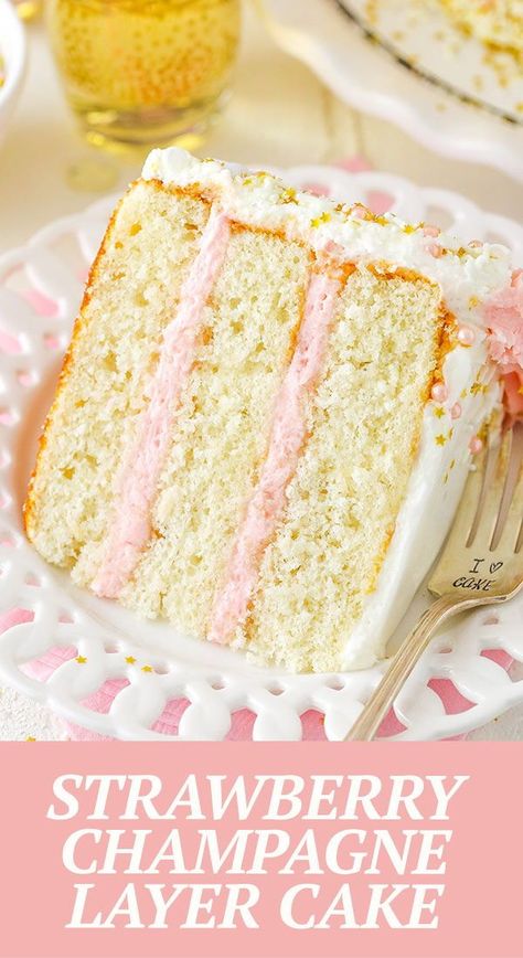 Strawberry Champagne Cake, Champagne Cake Recipe, Fluffy Vanilla Cake, New Years Eve Dessert, Champagne Cake, Slice Of Cake, Strawberry Frosting, New Year's Cake, Strawberry Buttercream