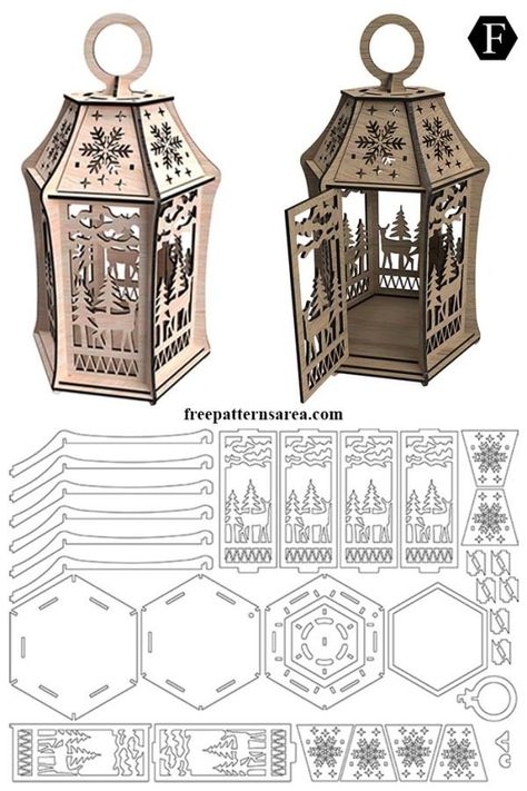 Festive DIY: Laser Cut Wooden Lantern Pattern for Christmas Diy Wood Decor, Lézervágott Fa, Lantern Pattern, Lantern Template, Wood Laser Ideas, 3d Templates, Laser Cut Decor, Wooden Lantern, Diy Laser Cut