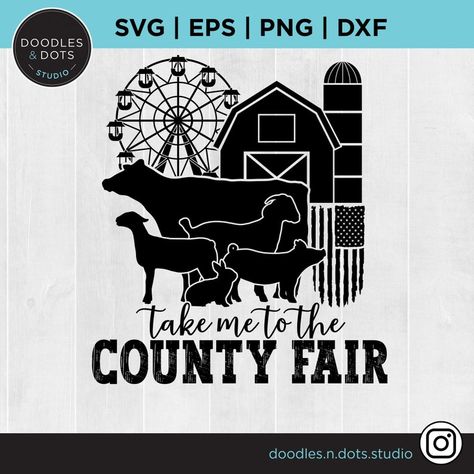 Let this SVG file bring the fairgrounds to life in your craft projects, whether it's creating personalized signs, home decor, or even apparel. Immerse yourself in the vibrant energy and nostalgia of the County fair with this enchanting SVG file featuring livestock, a Ferris wheel, barn and American Flag! Easy to cut from a Cricut or Silhouette it would make a great t-shirt to wear to the local fair! County Fair Projects, Fair Week, Horse Quotes Funny, Party Website, Fair Theme, Livestock Show, Fair Rides, Nurses Station, Stock Show